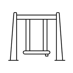 A clean black and white outline drawing of a swing set with a single seat, presented in a simple, isolated style on a