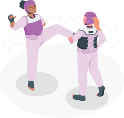 Two women in taekwondo gear sparring with kicks and punches martial arts sport