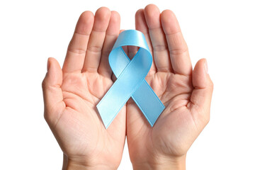 Gentle hands cupping a light blue awareness ribbon symbolizing hope and support for prostate cancer research and awareness isolated on transparent background