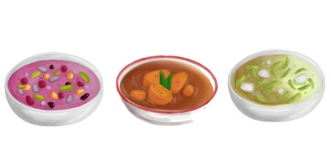 Fruit soup, banana kolak, dawet cendol ice, illustration of ifthar dessert in indonesia, indonesian dessert