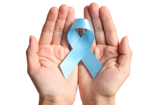 Gentle hands cupping a light blue awareness ribbon symbolizing hope and support for prostate cancer research and awareness isolated on transparent background