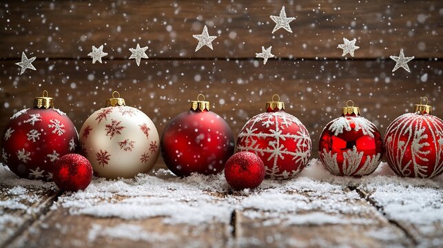 Christmas ornaments baubles on wooden background snowflakes stars elegant design for festive card high detail no people - Powered by Adobe