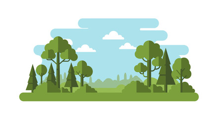 Flat illustration of a green forest with trees bushes and clouds in a blue sky