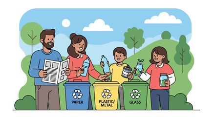 Family recycling together in an outdoor park