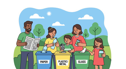 Family sorting recyclables into bins at a park