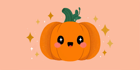 Cute kawaii halloween pumpkin character with sparkles and blush on orange background