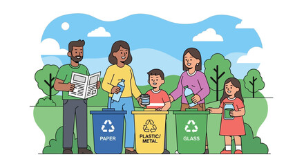 Family recycling together in a park
