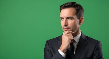 Businessman in a suit with hand on chin looking to the side