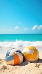 Two beach volleyballs nestled in warm sand near the ocean, under a vibrant blue sky Perfect for summer vacation and beach sport themes Ideal for websites, brochures, and social media , beach, net