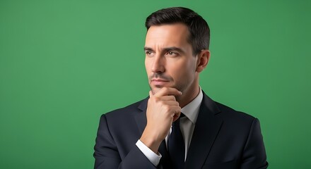 Businessman in suit with hand on chin against green background