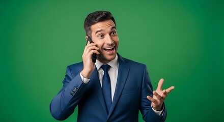 Man in blue suit on phone with excited expression