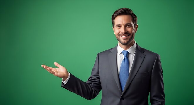 A man in a suit stands and gestures to his left
