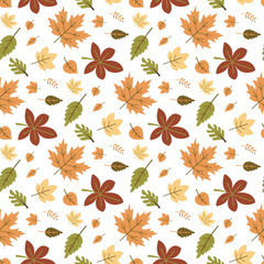 Seamless pattern with maple, oak and others autumn leaves. Ideal for wallpaper, gift paper, textile, greeting cards. Texture pattern with fall leaves. Wallpaper template