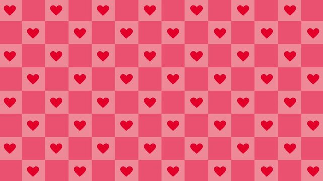 Checkered pattern of red and pink hearts in squares, ideal for valentines day designs, gift wrapping, textiles, and event decorations.