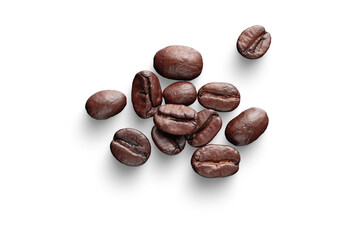 Roasted coffee beans isolated on transparent background, ready to be ground and brewed