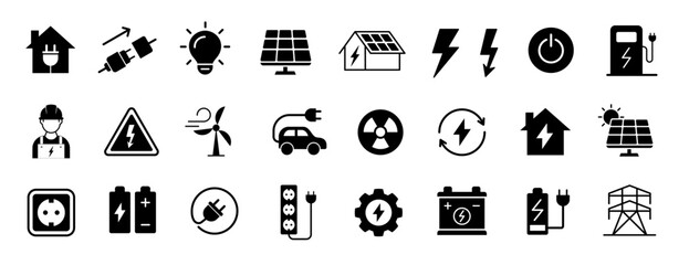 Electricity icon set. Voltage, battery symbol. Renewable energy and green technology logo. Vector illustration. © Dear Lala