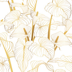 Golden seamless pattern with calla flowers, design elements. Floral  pattern for invitations, cards, print, gift wrap, manufacturing, textile, fabric, wallpapers.