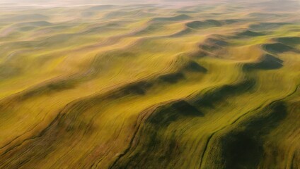 Aerial view of rolling green and yellow fields under a soft sky.