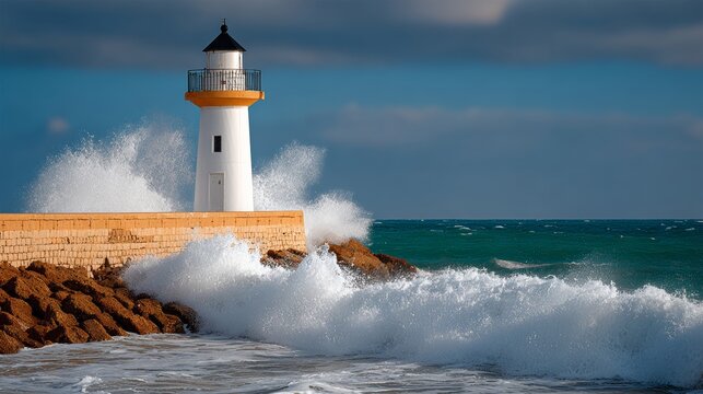 A lighthouse is on a rocky shoreline, with the ocean waves crashing against the rocks. The lighthouse is surrounded by a wall of rocks, and the waves are high and powerful. The scene is dramatic