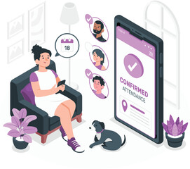 Woman confirming attendance on phone with dog and plants confirmation smartphone