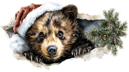 Watercolor masterpiece: Adorable baby animal, close-up portrait, wearing a tiny Santa hat Watercolor Hygge and Hearth Whimsical Woodland Storybook