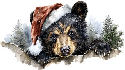 Watercolor masterpiece: Adorable baby animal, close-up portrait, wearing a tiny Santa hat Watercolor Hygge and Hearth Whimsical Woodland Storybook