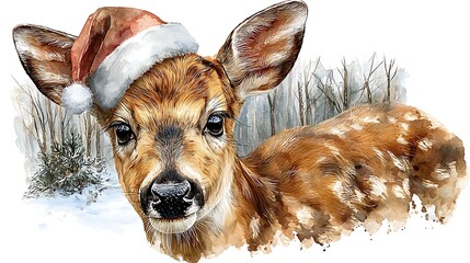 Watercolor masterpiece: Adorable baby animal, close-up portrait, wearing a tiny Santa hat Watercolor Hygge and Hearth Whimsical Woodland Storybook