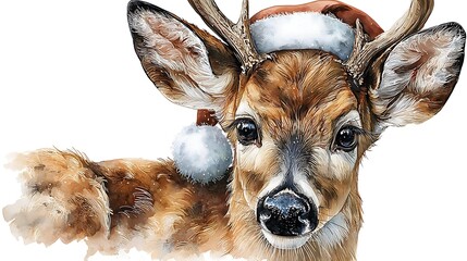 Watercolor masterpiece: Adorable baby animal, close-up portrait, wearing a tiny Santa hat Watercolor Hygge and Hearth Whimsical Woodland Storybook
