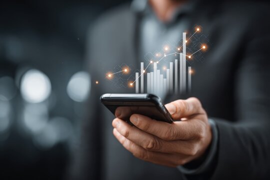 Person uses mobile phone to analyze rising financial stock market graph