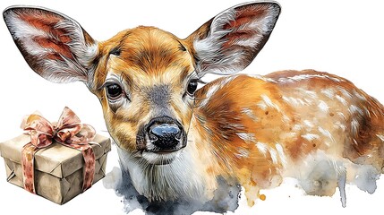 Watercolor masterpiece: Adorable baby animal, close-up portrait, wearing a tiny Santa hat Watercolor Hygge and Hearth Whimsical Woodland Storybook