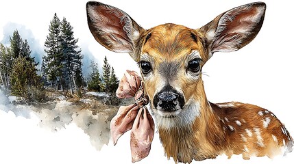 Watercolor masterpiece: Adorable baby animal, close-up portrait, wearing a tiny Santa hat Watercolor Hygge and Hearth Whimsical Woodland Storybook