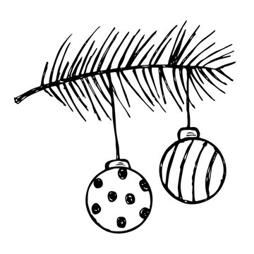 Christmas tree branch with two hanging ornaments, baubles vector ornament element