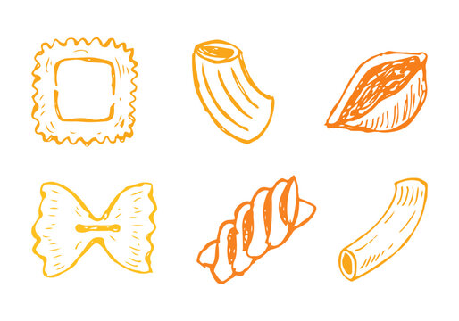 Pasta shapes, ravioli, macaroni, farfalle vector food vector hand drawn
