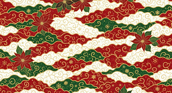 Seamless holiday pattern with traditional Asian clouds and festive poinsettia flowers. An elegant Christmas design in red, green, and gold for festive backgrounds - Powered by Adobe