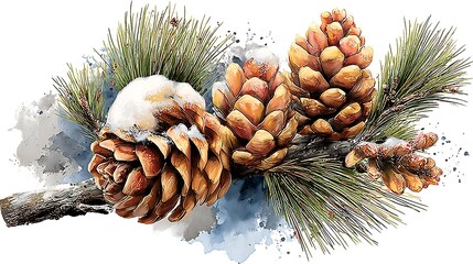 Fine art watercolor illustration: Detailed pine branch with soft needles and tiny pinecones Watercolor Hygge and Hearth Whimsical Woodland Storybook