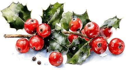 Watercolor masterpiece: Close-up illustration of a sprig of vibrant green holly with bright red berries Watercolor Hygge and Hearth Whimsical Woodland Storybook