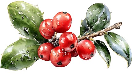 Watercolor masterpiece: Close-up illustration of a sprig of vibrant green holly with bright red berries Watercolor Hygge and Hearth Whimsical Woodland Storybook