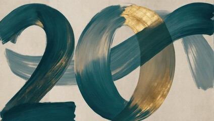 Abstract brushstroke painting of the number twenty in teal and gold.