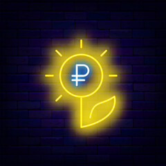 Ruble neon icon. Growing concept. Sunny beam plant. Golden coin. Keep and savings. Vector stock illustration