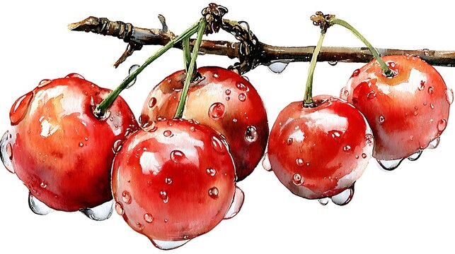 Watercolor masterpiece: Close-up illustration of a sprig of vibrant green holly with bright red berries Watercolor Hygge and Hearth Whimsical Woodland Storybook - Powered by Adobe