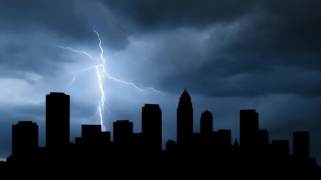 A dramatic lightning strike illuminates the dark, stormy sky above a silhouetted city skyline.