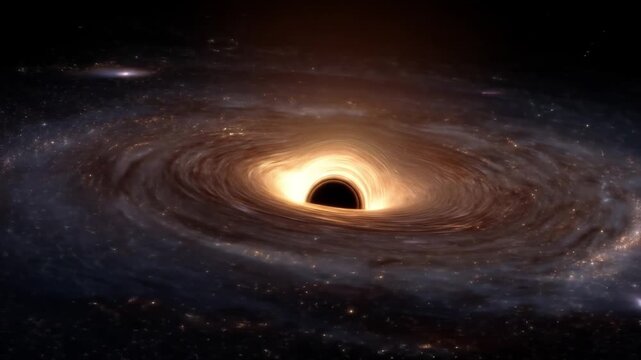 A dark black hole with surrounding swirling galaxy structure and bright glowing accretion disk