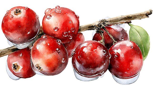 Watercolor masterpiece: Close-up illustration of a sprig of vibrant green holly with bright red berries Watercolor Hygge and Hearth Whimsical Woodland Storybook - Powered by Adobe