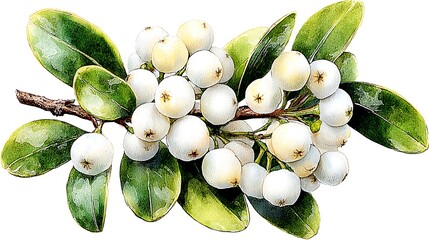 Hyperrealistic watercolor painting: Individual cluster of mistletoe with delicate white berries Watercolor Hygge and Hearth Whimsical Woodland Storybook