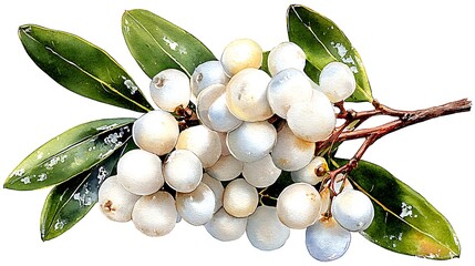 Hyperrealistic watercolor painting: Individual cluster of mistletoe with delicate white berries Watercolor Hygge and Hearth Whimsical Woodland Storybook