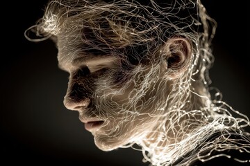 Glowing wireframe portrait of a woman profile on a black background. futuristic design and technology concept