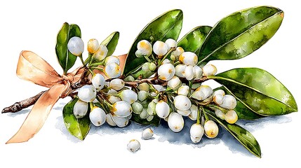 Watercolor masterpiece: Close-up illustration of a sprig of vibrant green holly with bright red berries Watercolor Hygge and Hearth Whimsical Woodland Storybook