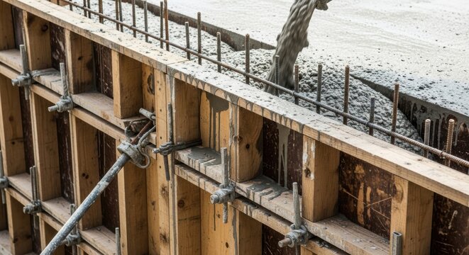 Concrete pouring in wooden formwork for construction projects