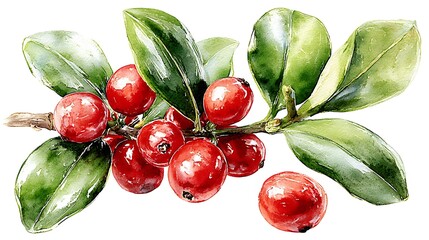 Watercolor masterpiece: Close-up illustration of a sprig of vibrant green holly with bright red berries Watercolor Hygge and Hearth Whimsical Woodland Storybook