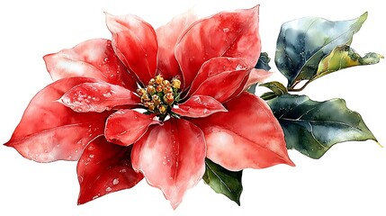 Watercolor realism: Single vibrant poinsettia bloom, velvety red petals, intricate stamen details Watercolor Hygge and Hearth Whimsical Woodland Storybook
